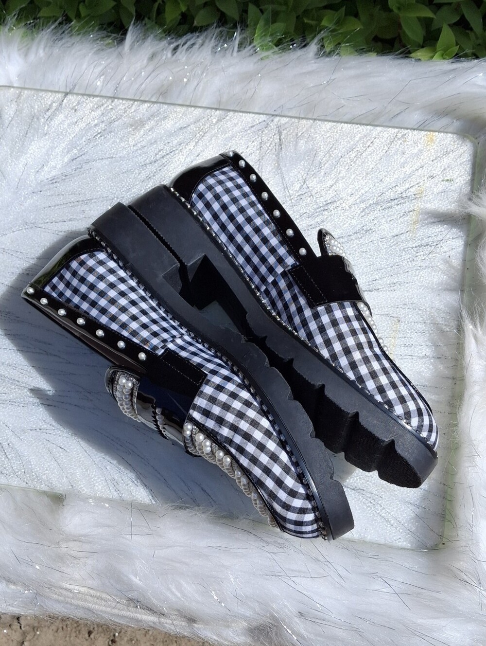 Betsey Johnson Darian Gingham Embellished Loafers Black & White Women Size 7 - Picture 10 of 16
